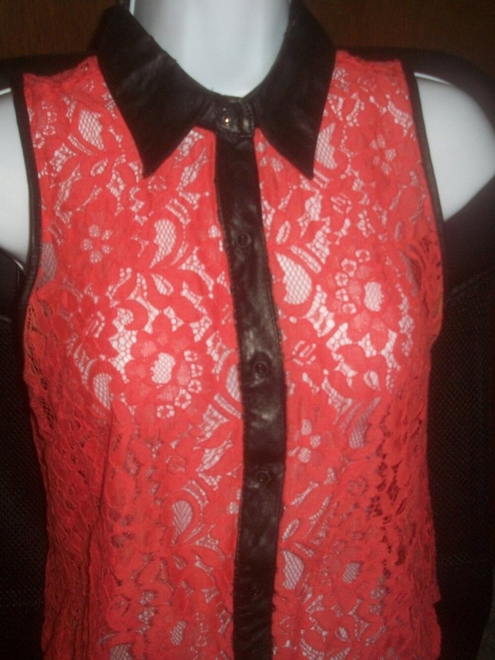 womens sheer lace blouse.button.faux leather trim.size small